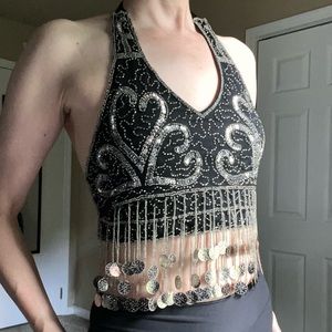 Bellydance top halter style black with silver coins small/medium